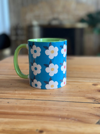 Retro Floral 11oz Ceramic Mug - Ocean Blue with Green - Enamelhappy