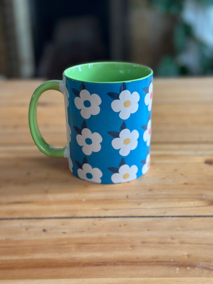 Retro Floral 11oz Ceramic Mug - Ocean Blue with Green - Enamelhappy