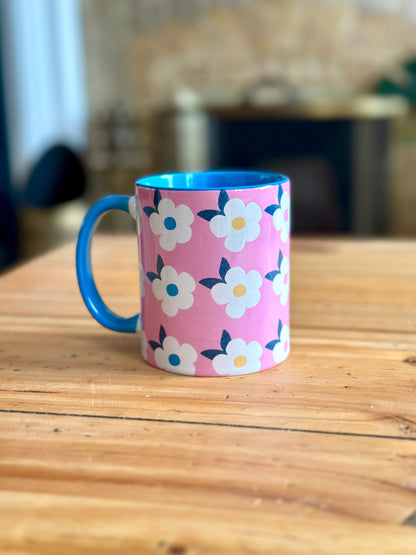 Retro Floral 11oz Ceramic Mug - Rose Pink with Blue - Enamelhappy