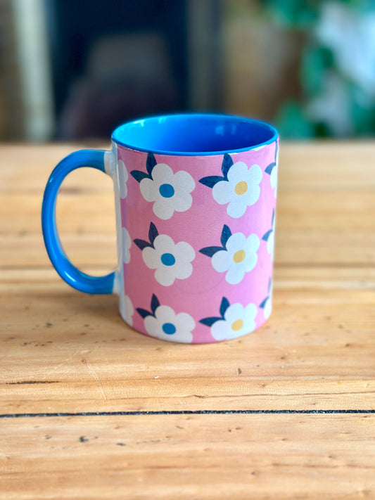 Retro Floral 11oz Ceramic Mug - Rose Pink with Blue - Enamelhappy