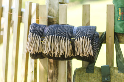 Polo Picnic Rug Blanket Herringbone Vintage/Brown with Leather Straps - Beautiful Tweedmill