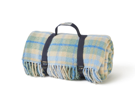 Cottage Blue Checked Pure New Wool Picnic Rug - Beautiful Tweedmill