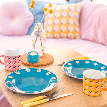 Paire de belles assiettes en émail bleu sarcelle océan rétro floral - Emailhappy
