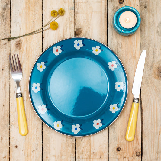 Beautiful enamel plates in teal ocean blue. Pretty, durable AND practical, they have a pretty flower design and steel rim around the edge. Camping in style!