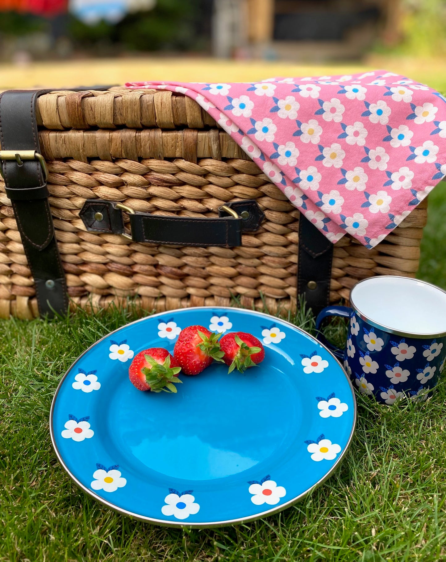 Beautiful enamel plates in teal ocean blue. Pretty, durable AND practical, they have a pretty flower design and steel rim around the edge. Camping in style! Photo shows pretty picnic set up including rose pink tea towel and our midnight enamel mug.