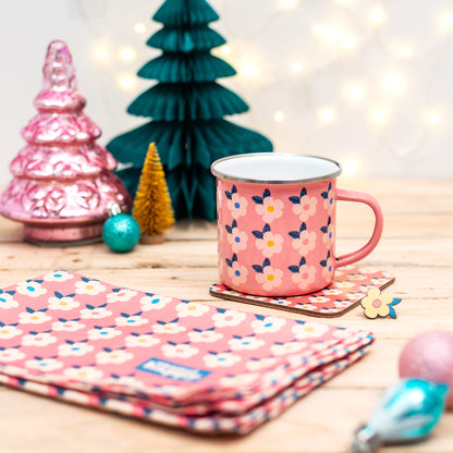 ROSE PINK GIFT SET For Her Retro Floral Enamel Cup - Beautiful Tin Mug - Cork Coaster - Pin Badge - Tea Towel - Colourful Home