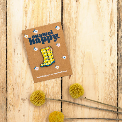 Honey Yellow Floral Welly Boots Wellies Hard Enamel Pin Badge - Such a Lovely Gardeners Gift Idea!