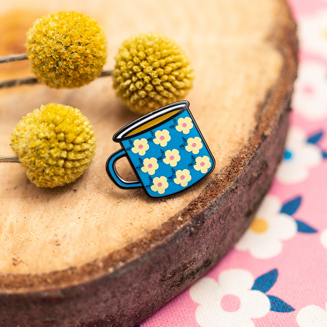 Cup Of Tea Enamel Pin Badge Happy Cup Ocean Blue With Flowers - Such a Lovely Gift!