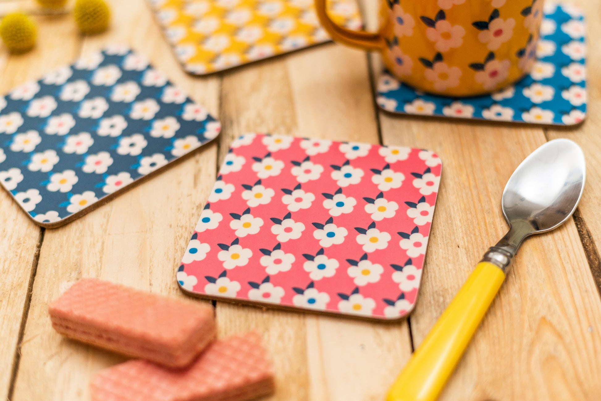 Pretty Colourful Retro Style Coasters by Enamelhappy. Rose Pink, Honey Yellow, Ocean Blue and Midnight Navy