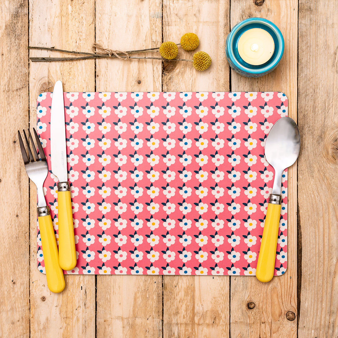 Set of four Retro Floral Colourful Placemats in Rose Pink - Cork backed 