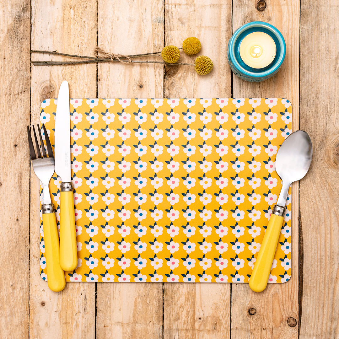 Set of four Retro Floral Colourful Placemats in Honey Yellow- Cork backed 