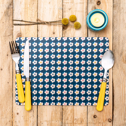 Set of four Retro Floral Colourful Placemats in Midnight Navy - Cork backed  