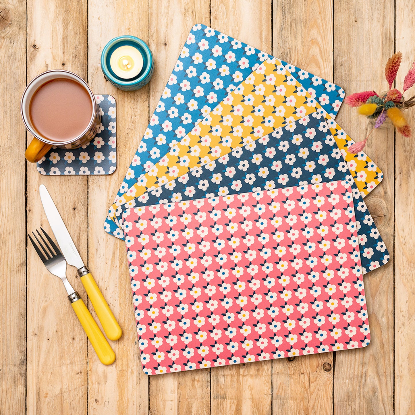 Set Of Four Colourful Retro Floral Placemats - With Options - Enamelhappy