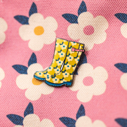 Honey Yellow Floral Welly Boots Wellies Hard Enamel Pin Badge  - Such a Lovely Gift! Here the Pretty Badge is Pinned to Our Beautiful Rose Pink Canvas Bag x 