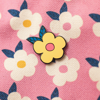 Pretty Retro Flower Hard Enamel Pin Badge - Such a Lovely Gift! Here the Pretty Badge is Pinned to Our Beautiful Rose Pink Canvas Bag x 
