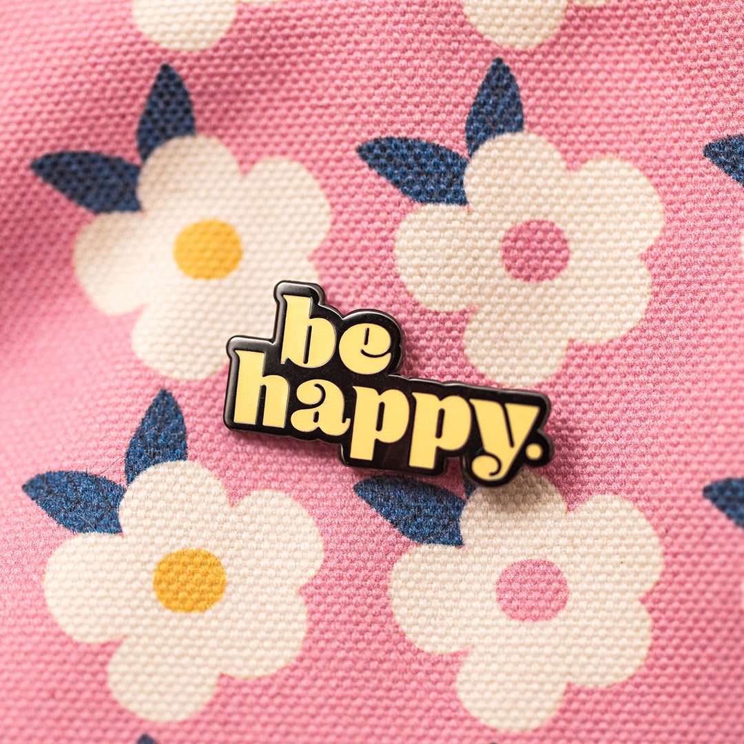 Be Happy Hard Enamel Pin Badge in Our Gorgeous Retro Typographic - Such a Lovely Gift!  Here the Pretty Badge is Pinned to Our Beautiful Rose Pink Canvas Bag x