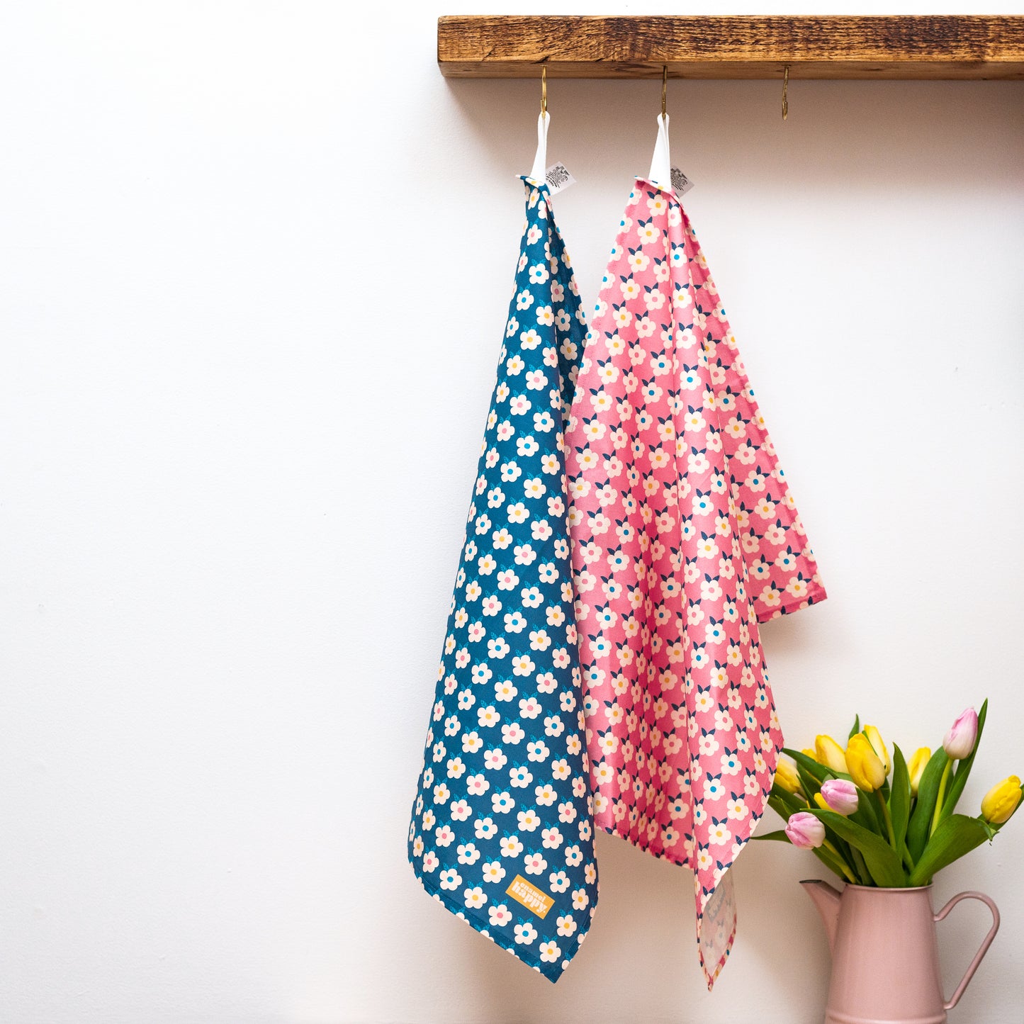 Beautiful tea towels navy blue and rose pink retro floral print with hanging loop