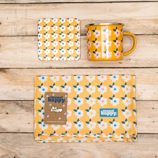 HONEY YELLOW GIFT SET For Her Retro Floral Enamel Cup - Campervan Tin Mug